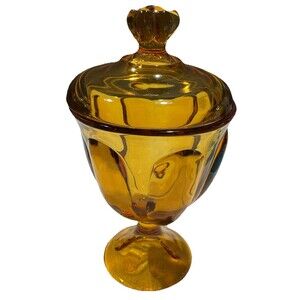 Vintage Viking Glass Six Petal Amber Candy Dish With Lid